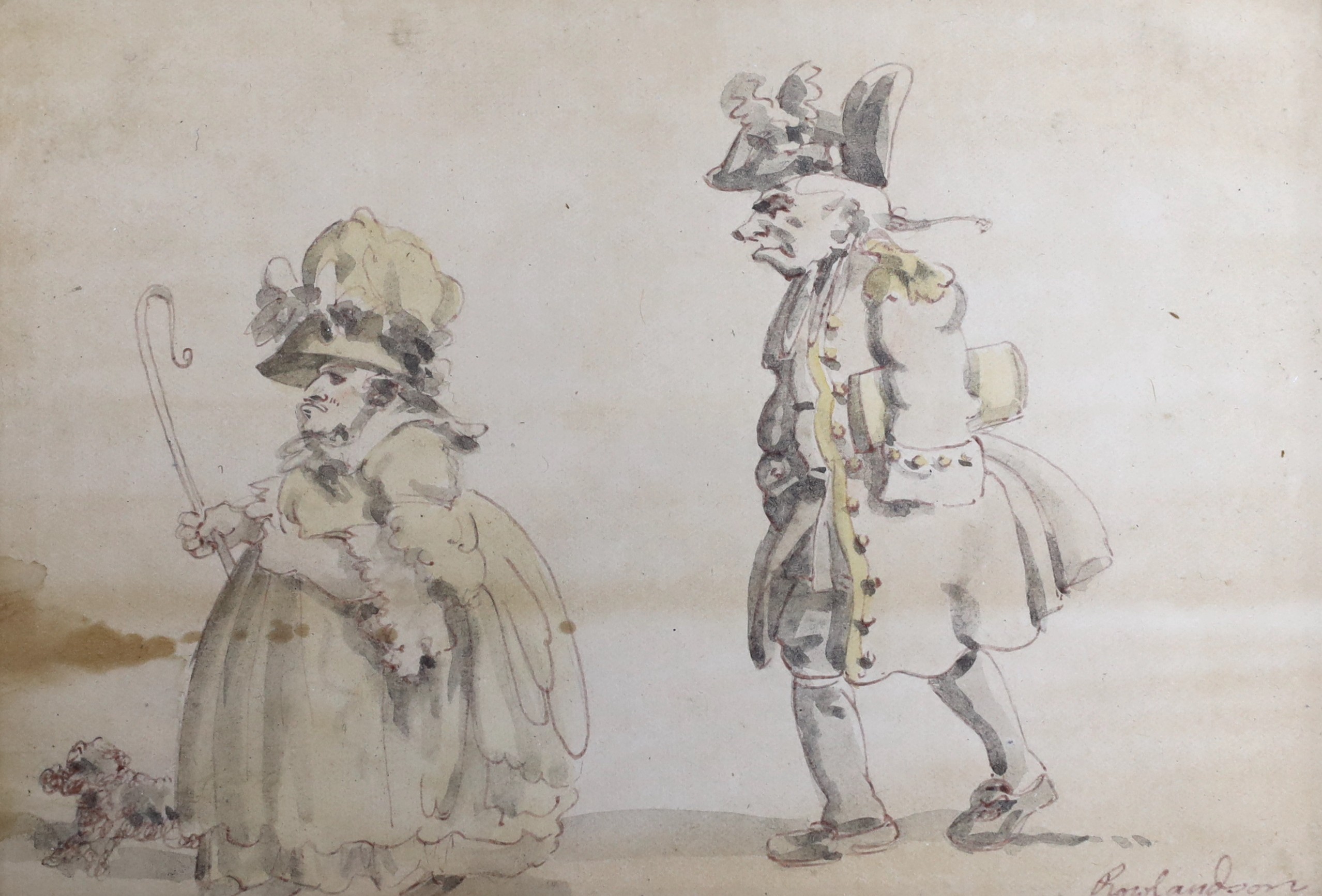 Thomas Rowlandson (1756-1827), ink and watercolour, A shepherdess and a soldier, signed, 11.5 x 16.5cm